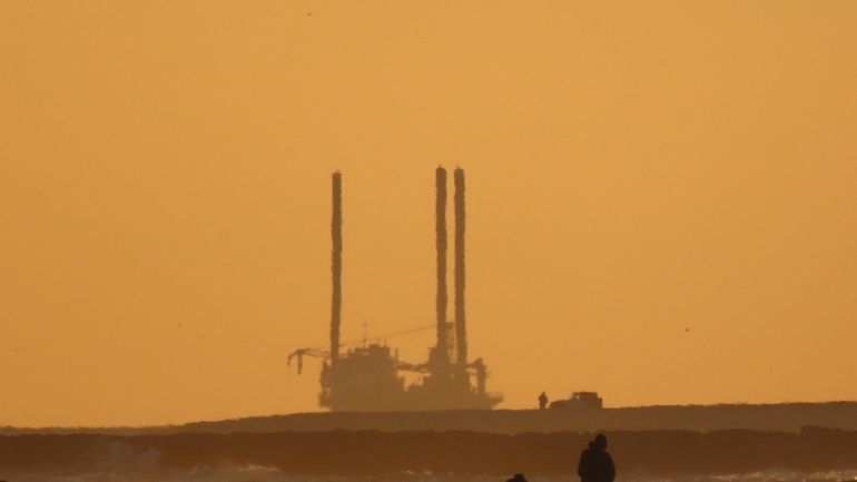 A self-elevating barge off Smith Point, as seen from Moriches...