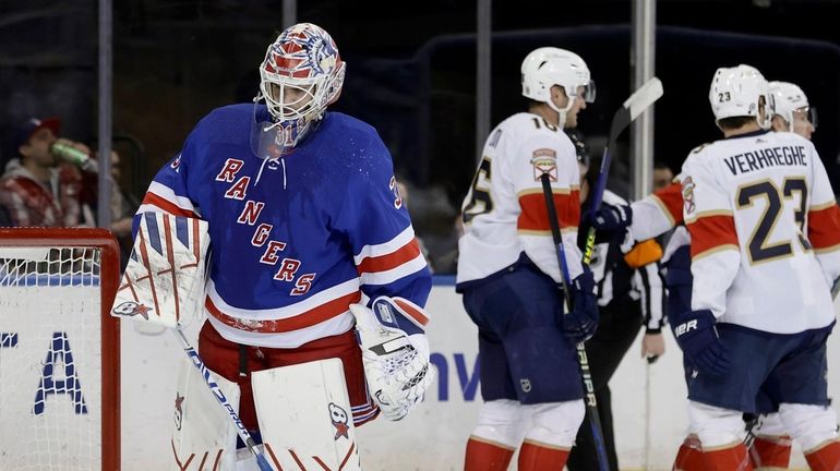 Igor Shesterkin #31 of the Rangers looks on the Florida...