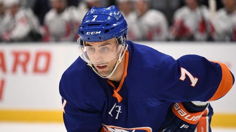 New York Islanders right wing Jordan Eberle looks on against...