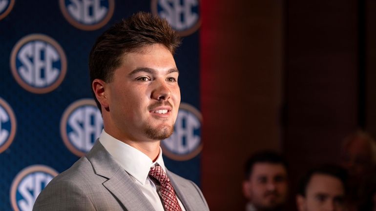 Oklahoma quarterback Jackson Arnold speaks during Southeastern Conference NCAA college...