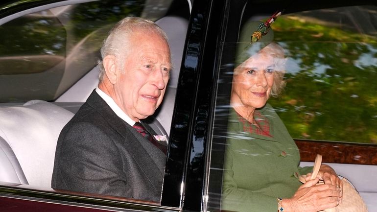 King Charles and Queen Camilla arrive at Crathie Kirk, near...