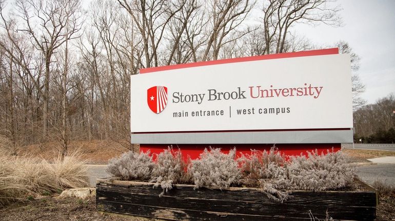 A sign for Stony Brook University is pictured on March 1,...
