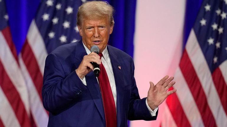 Republican presidential nominee former President Donald Trump speaks during a...