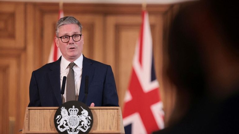 British Prime Minister Keir Starmer delivers a speech, following his...