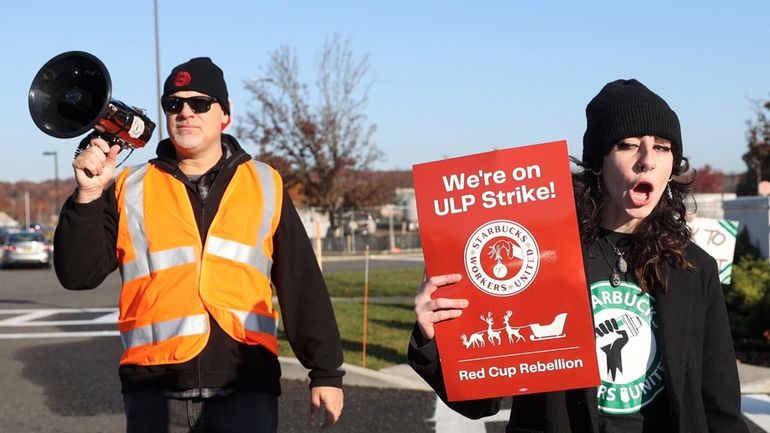 Sam Cornetta of Farmingville leads a strike at the entrance to the...