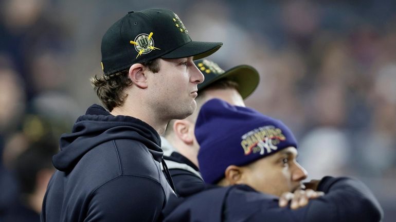 Gerrit Cole #45 of the Yankees looks on against the...