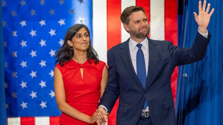 Republican vice presidential candidate Sen. JD Vance, R-Ohio, and his...