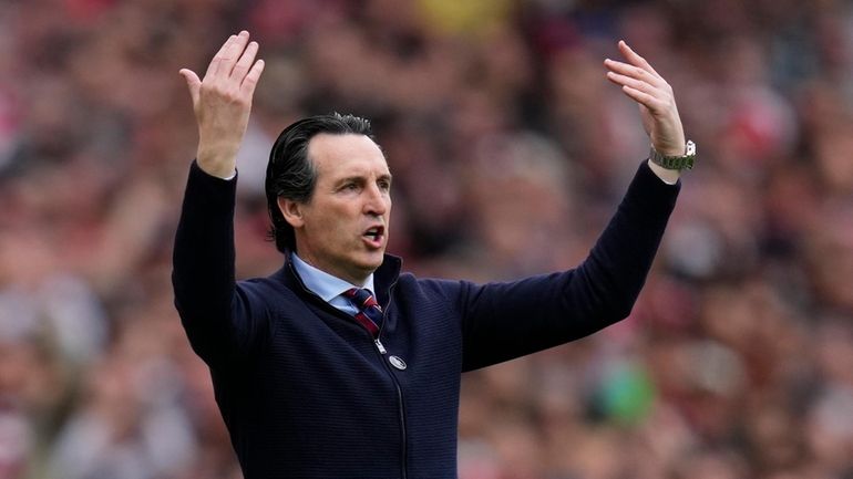 Aston Villa's head coach Unai Emery gestures during the English...