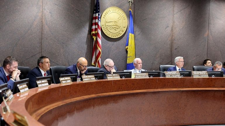 Members of the Suffolk County Legislature on Wednesday listen to public...