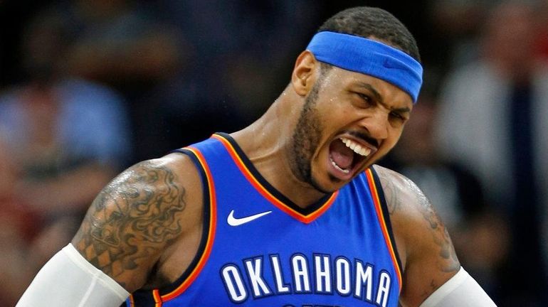 Carmelo Anthony of the Oklahoma City Thunder against the host...