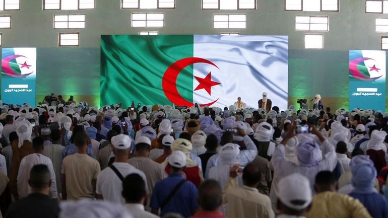 Algerian president and candidate for re-election Abdelmajid Tebboune delivers a...