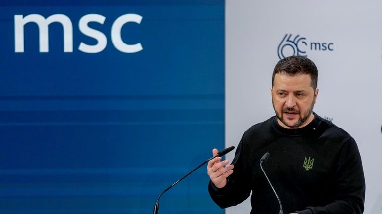 Ukrainian President Volodymyr Zelenskyy delivers a speech at the Munich...