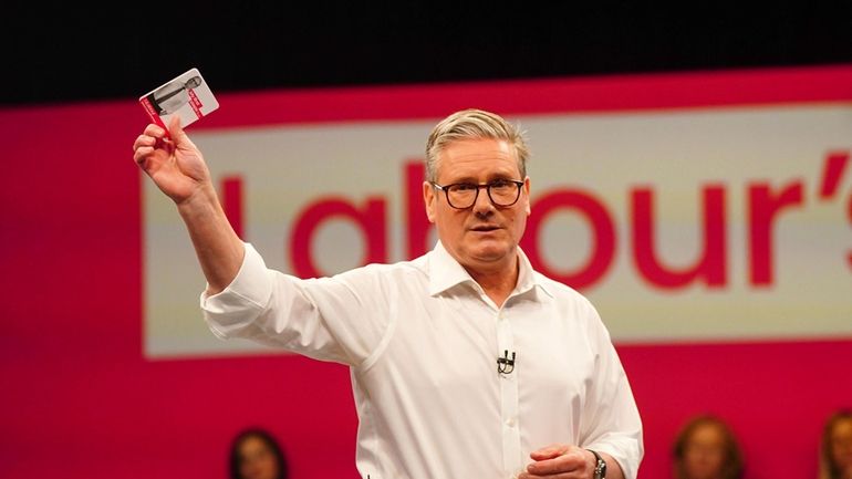 Labour Party leader Sir Keir Starmer speaks during his visit...