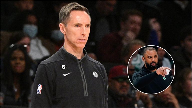 Former Nets head coach Steve Nash, left, and suspended Celtics...