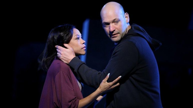 Nikki M. James as Portia and Corey Stoll as Brutus...