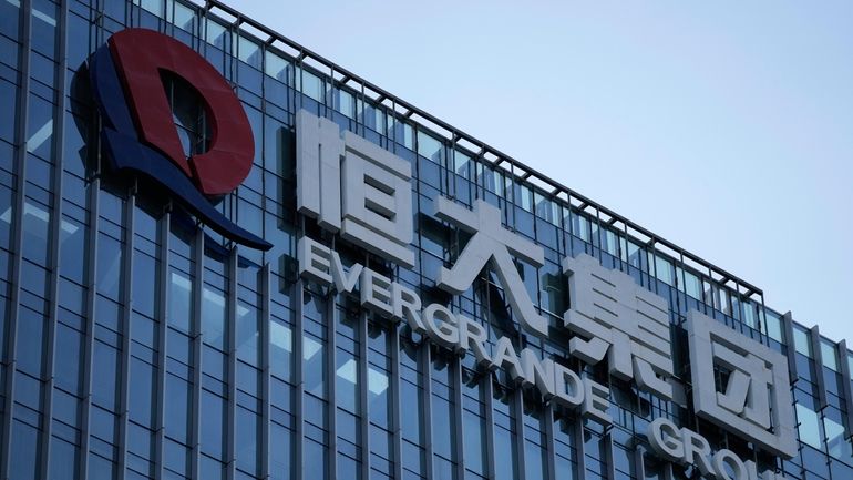 The Evergrande Group headquarters logo is seen in Shenzhen in...