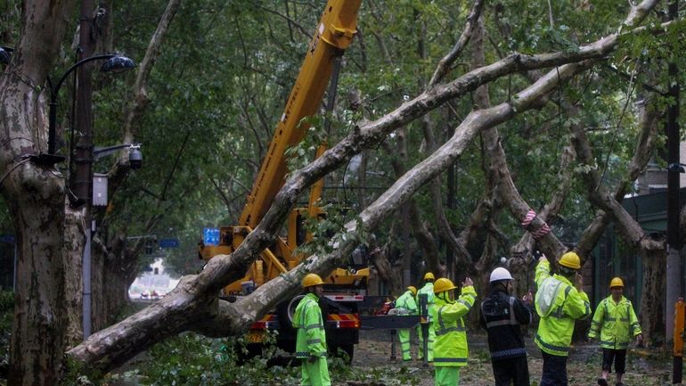 In this photo released by Xinhua News Agency, workers remove...