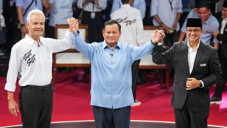 Presidential candidates, from left, Ganjar Pranowo, Prabowo Subianto and Anies...