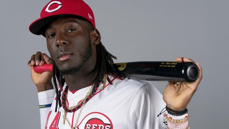 Cincinnati Reds infielder Elly De La Cruz poses for a...