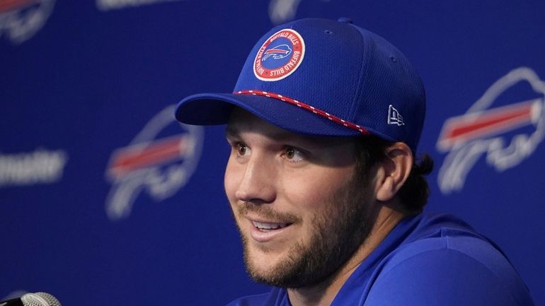 Buffalo Bills quarterback Josh Allen meets with the media during...