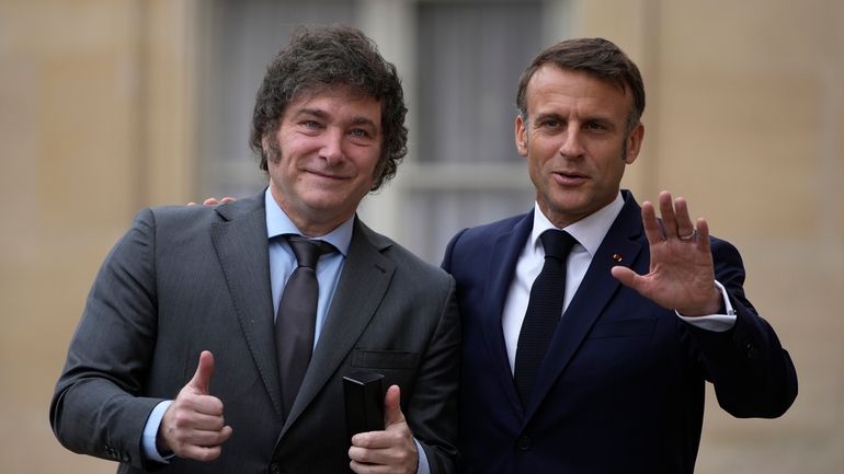 French President Emmanuel Macron, right, and Argentina's President Javier Milei...