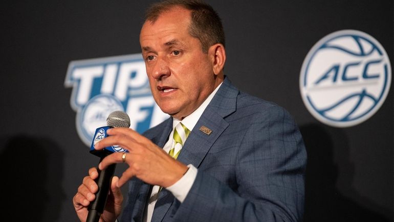 Atlantic Coast Conference Commissioner Jim Phillips speaks Oct. 12, 2021,...