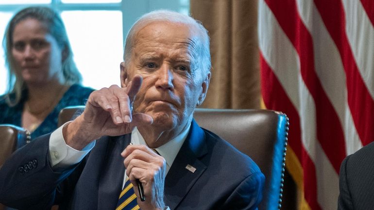 President Joe Biden speaks during a meeting with the members...