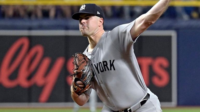 Yankees starter Carlos Rodón pitches against the Tampa Bay Rays...