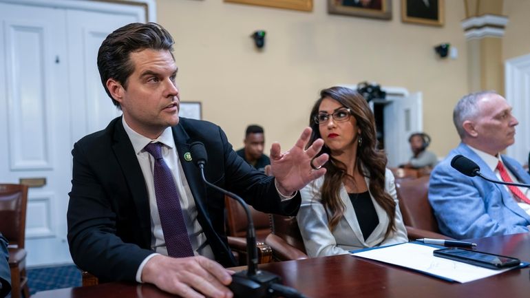 From left, Rep. Matt Gaetz, R-Fla., Rep. Lauren Boebert, R-Colo.,...