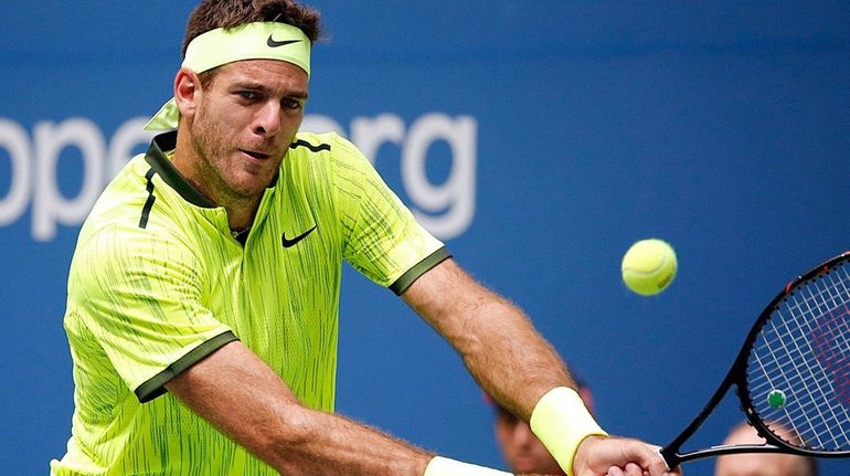 Juan Martin Del Potro hits the backhand return against Dominic...