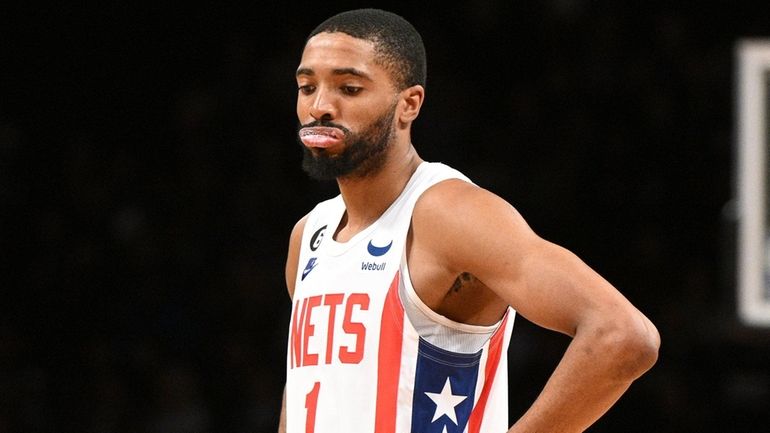 Nets forward Mikal Bridges looks on late in the second...