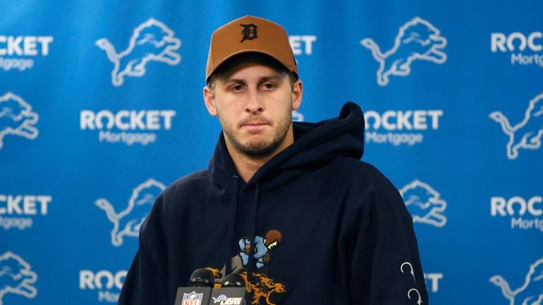 Detroit Lions quarterback Jared Goff addresses the media after an...