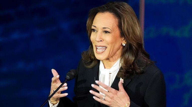 Democratic presidential nominee Vice President Kamala Harris speaks during a...