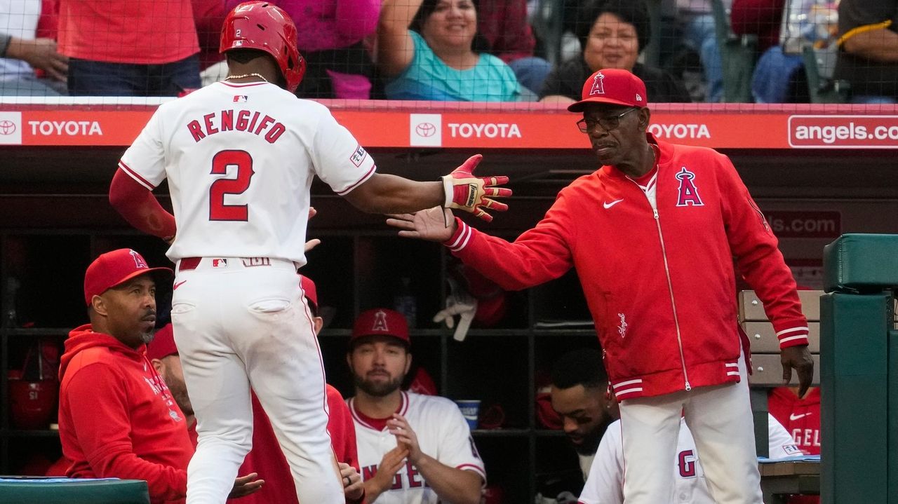 Jo Adell scores the tiebreaking run in the Angels' 2-1 victory over the ...