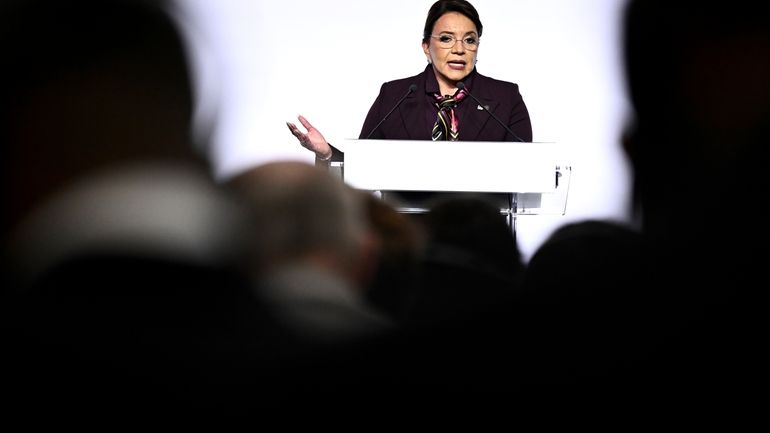 President of Honduras Xiomara Castro delivers a speech during the...