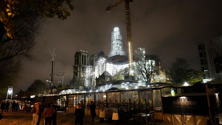 Notre-Dame de Paris cathedral is seen with its spire surrounded...