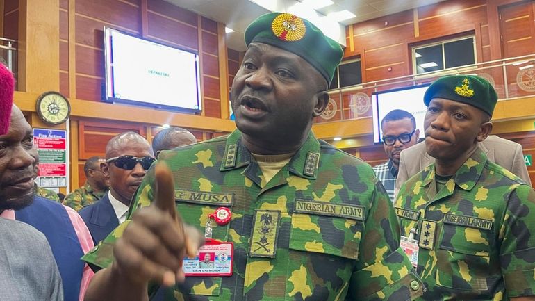 General Christopher Musa, Nigerian Chief of Defense Staff, speaks to...