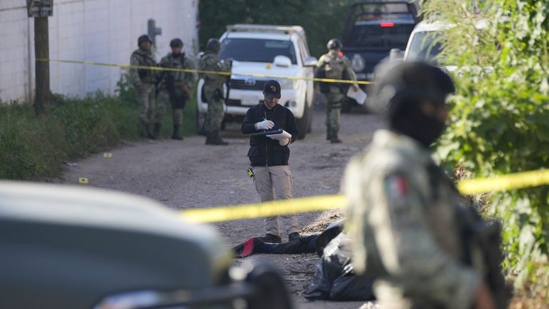 Forensic investigators work at the site of a body lying...