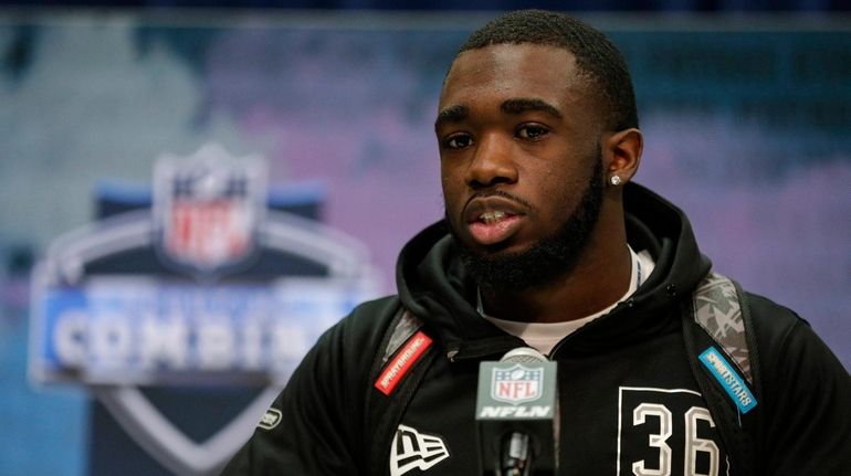 Baylor wide receiver Denzel Mims speaks during a press conference...