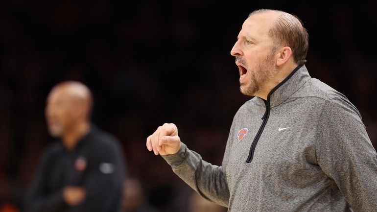 Head coach Tom Thibodeau of the Knicks reacts during the first...