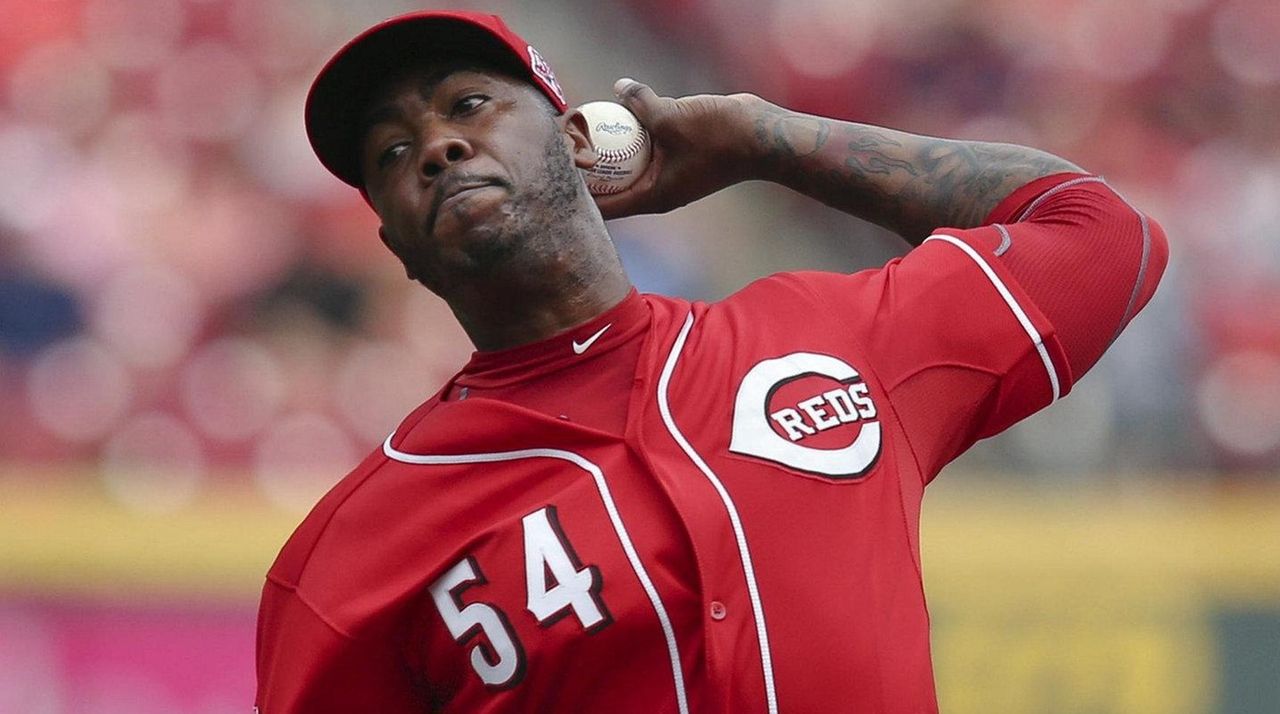 New York Yankees relief pitcher Aroldis Chapman throws a strike in the ninth