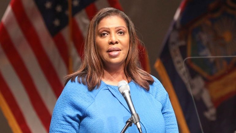 New York Attorney General Letitia James addressing the crowd at...