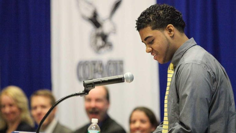 Copiague High senior William Marmol, 17, speaks at the high...