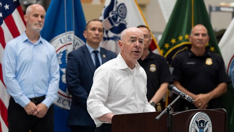 Homeland Security Secretary Alejandro Mayorkas speaks during a news conference...