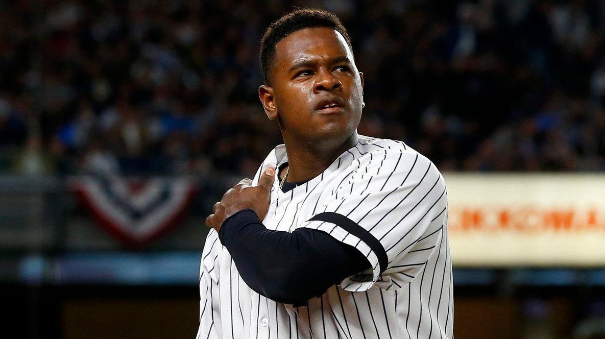 New York Yankees pitcher Luis Severino (40) tips his cap after delivering  to the National Leagueb during the second inning of the MLB All-Star Game  at Nationals Park in Washington, D.C., July