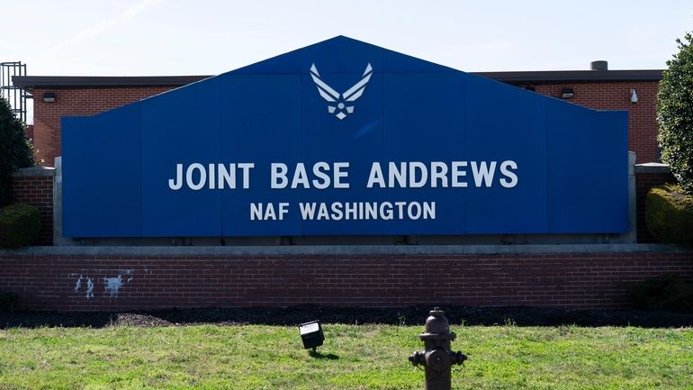 The sign for Joint Base Andrews in Maryland in 2021,...