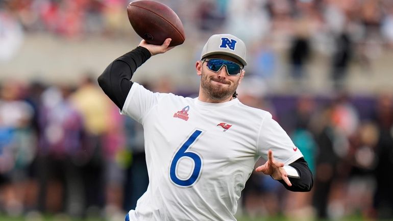 NFC quarterback Baker Mayfield, of the Tampa Bay Buccaneers, throws...