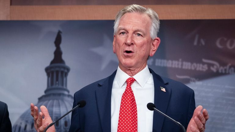 Sen. Tommy Tuberville, R-Ala., speaks to the media about the...