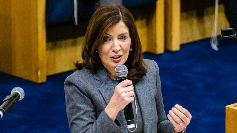 Gov. Kathy Hochul speaks during the annual Shabbat Service honoring...