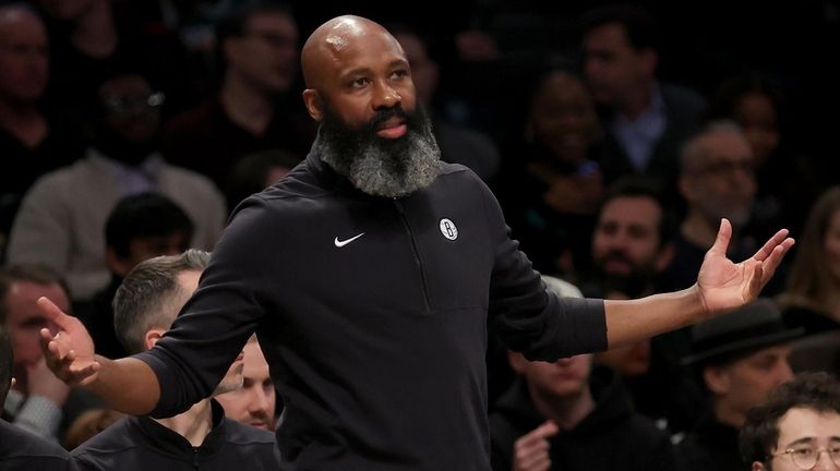 Brooklyn Nets head coach Jacque Vaughn reacts during the second...